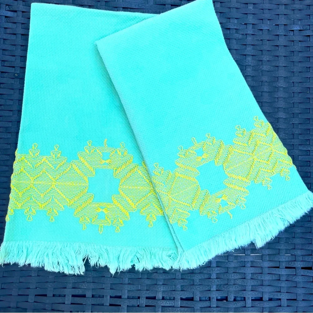 Two Vintage Tea Towels Cloth Aqua and Yellow Embroidered